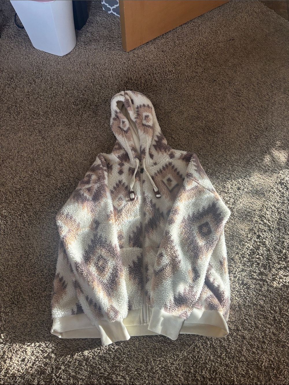 Shyanne Cream and Brown Sherpa Zip Hoodie with Patterned Trim